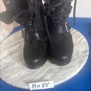 Black Lace-Up Boots with Buckle Detail